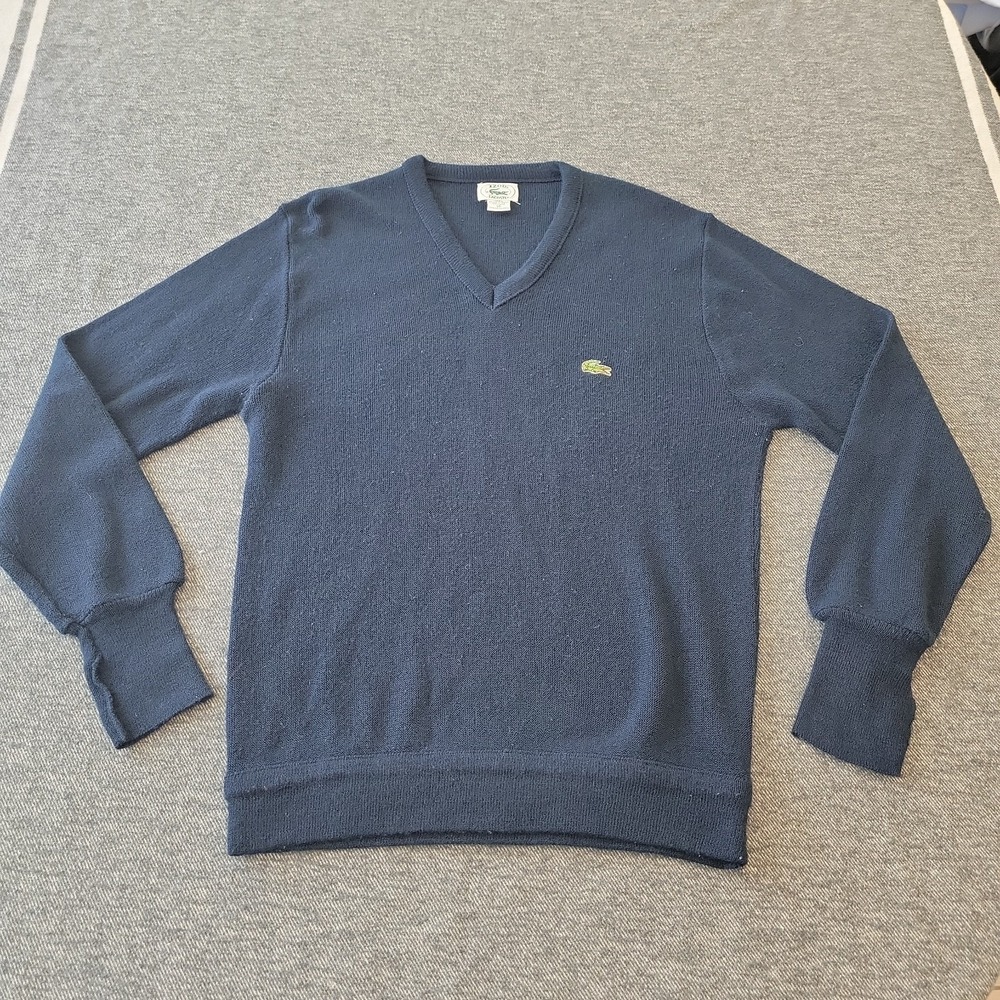 Vintage Izod Lacoste Sweater Men's Medium Navy Blue V Neck Grandpa Made in USA